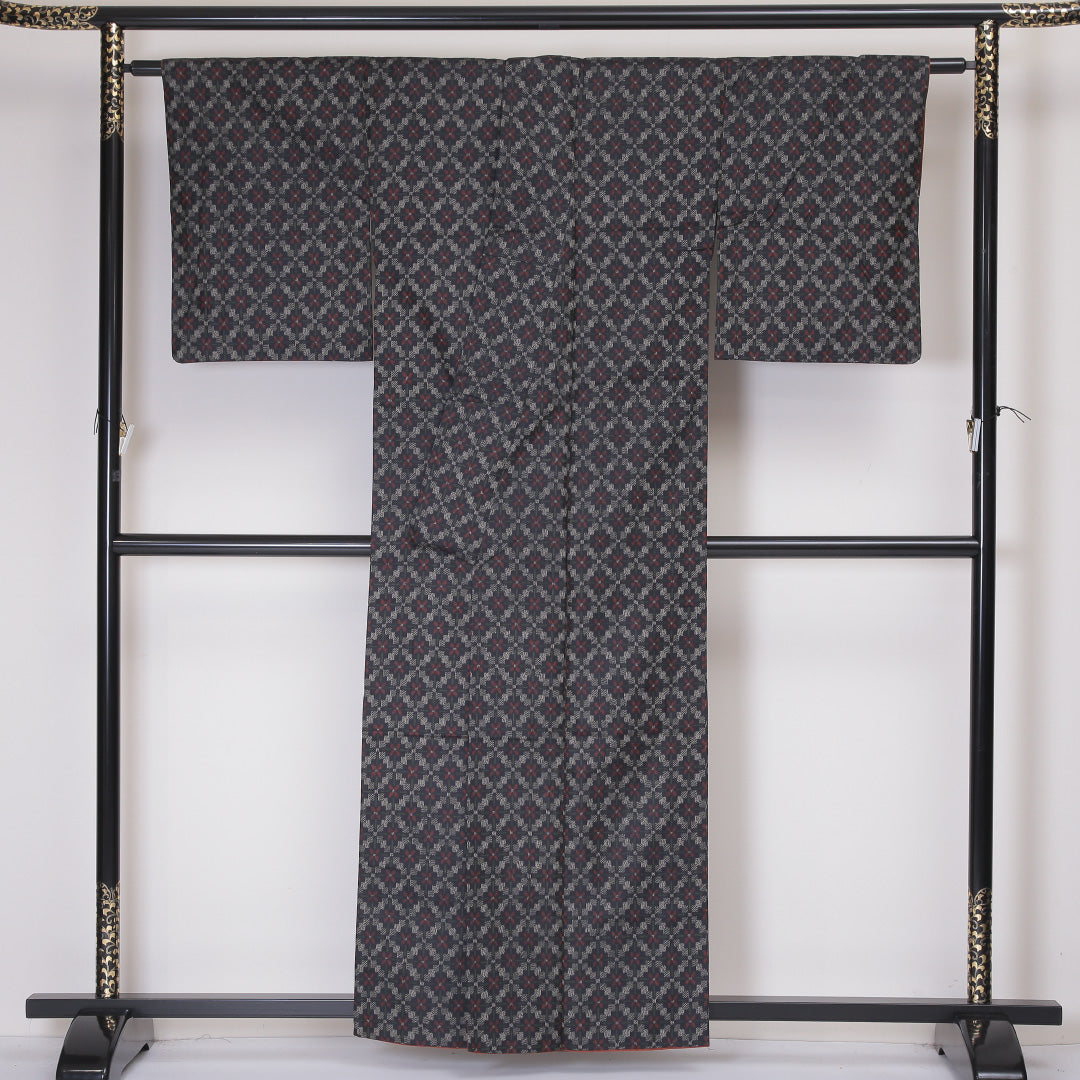 アンサンブル 紬 袷 身丈157cm 裄65cm 正絹 花柄 紺系 Aランク 1216-00922