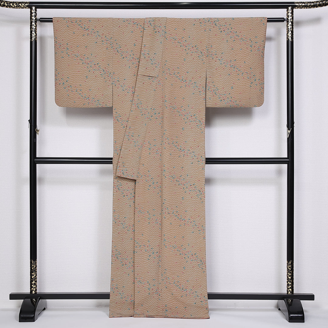 小紋 袷 身丈164cm 裄丈63cm 正絹 Sランク インフォーマル 広衿 Lサイズ 花柄 茶系 RP 1221-10173