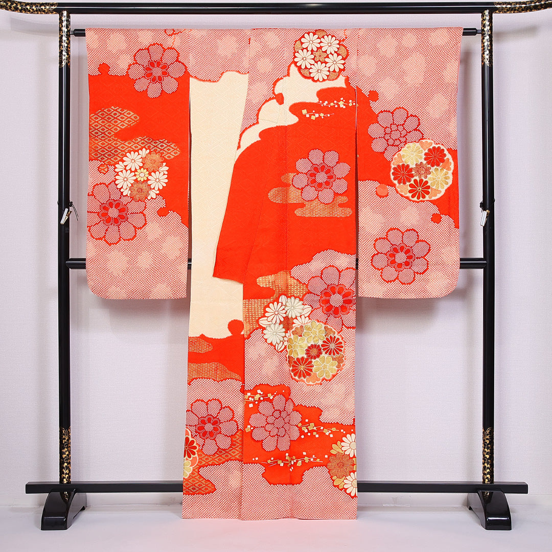 振袖 身丈162cm 裄丈66.5cm 袷 正絹 Sランク 広衿 金糸 菊 レトロ 1213-F0365