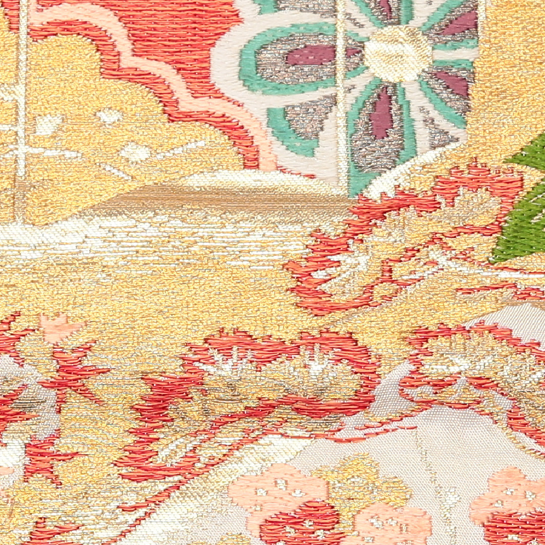 アンティーク 九寸名古屋帯 帯丈329cm 正絹 六通 名古屋仕立て 織り 牡丹 松 楓 金系 RP 1245-01750