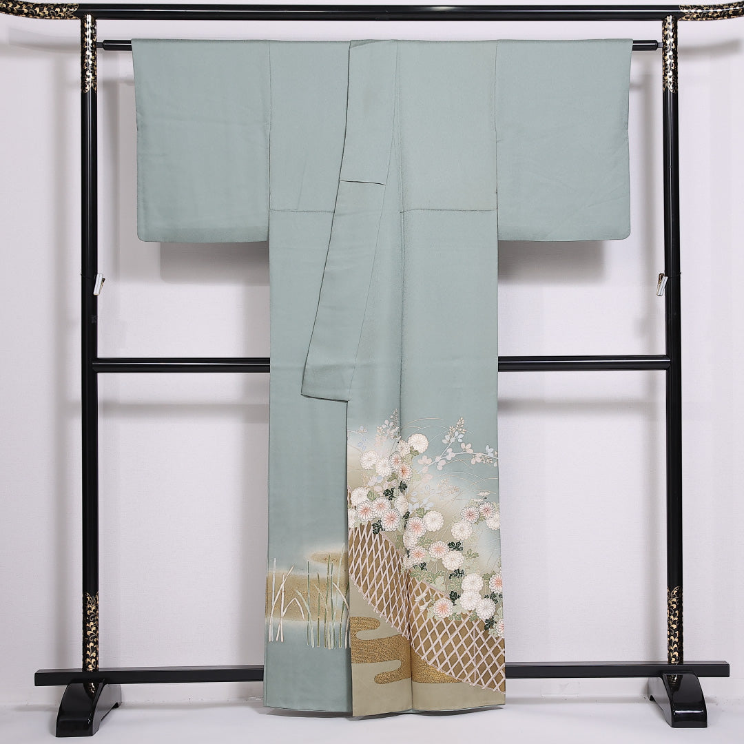 色留袖 身丈159cm 裄丈64cm Sランク 正絹 袷 広衿 M エ霞 菊 ぼかし 金彩 セミフォーマル 緑系 1211-F0290