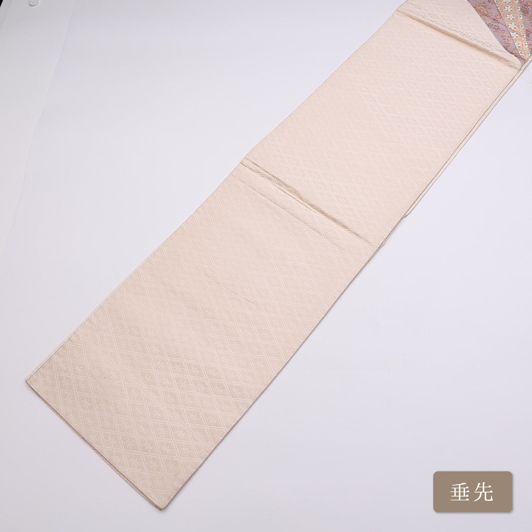 袋帯 帯丈432cm ポイント柄 檜扇 七宝 宝相華 セミフォーマル ピンク系 正絹 Cランク 1223-00856