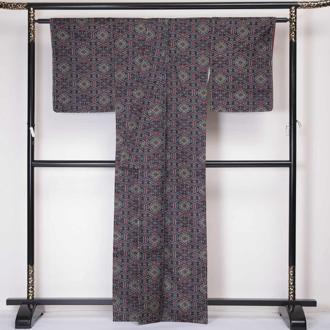 アンサンブル 村山大島紬 袷 身丈163cm 裄丈66cm 正絹 Sランク インフォーマル 広衿 Lサイズ 蜀江 赤系 RP 1223-03409