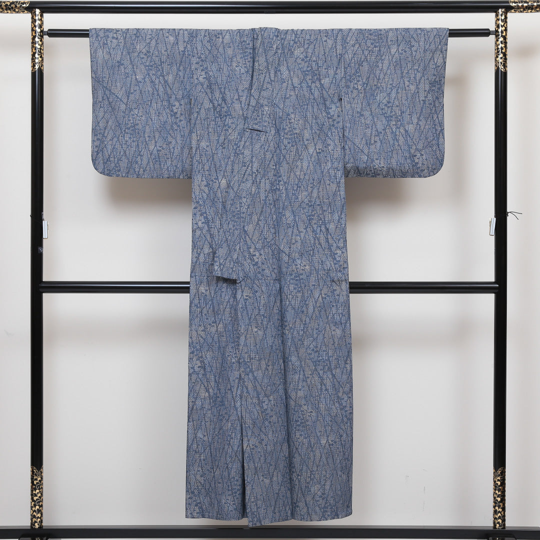 紬 単衣 身丈150cm 裄60.5cm 正絹 青系 Bランク 1216004374217