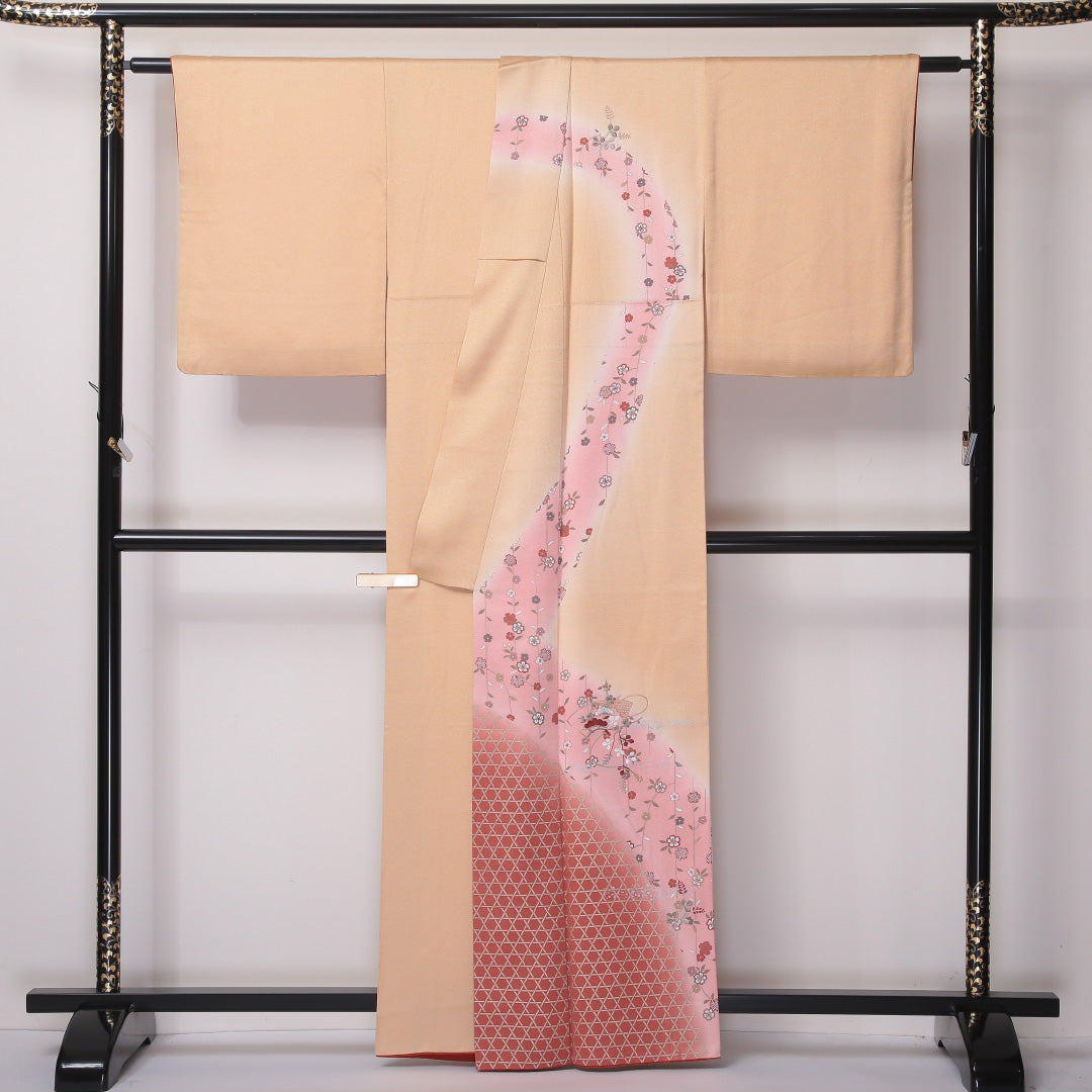 訪問着 袷 身丈160cm 裄丈64cm 正絹 Aランク セミフォーマル 広衿 Lサイズ ぼかし染 金彩 汕頭刺繍 扇 籠目 花柄 クリーム系 RP 1217-04584