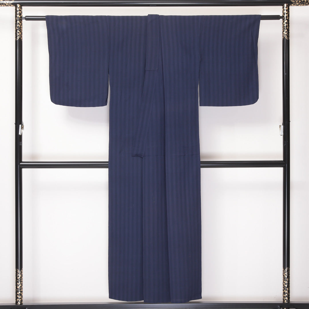 夏物 小紋 紗 身丈150cm 裄丈62cm 正絹 Cランク インフォーマル バチ衿 Sサイズ 縞 紫系 LP 1221-02161