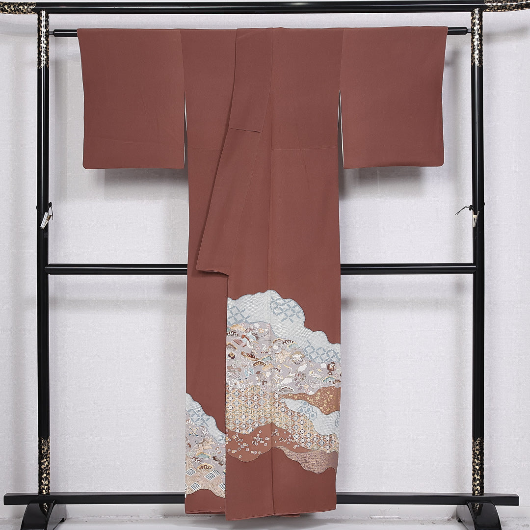 色留袖 三つ紋 身丈156cm 裄丈67.5cm 袷 丸に橘 正絹 Sランク 広衿 鶴 笠松 吉祥文様 金彩 1211-F0354