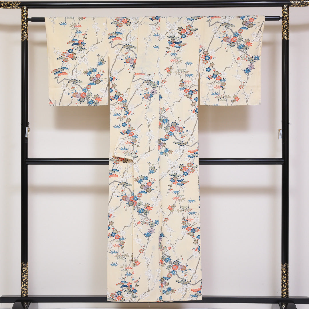 小紋 袷 身丈153cm 裄64cm クリーム系 梅 笠松 笹 紅葉 型染め 正絹 Aランク 1215-01771-3215