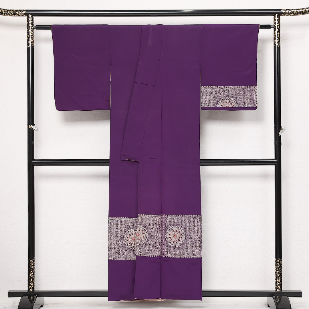 アンティーク 付下げ 袷 身丈148cm 裄丈61cm 正絹 Aランク 広衿 XSサイズ 花文 紫系 RP 1218-13577