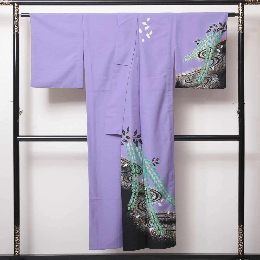洗える着物 訪問着 単衣 身丈146cm 裄丈64cm ポリエステル Cランク セミフォーマル 広衿 XSサイズ 金箔 流水 桜 紫系 HP 1217-04564