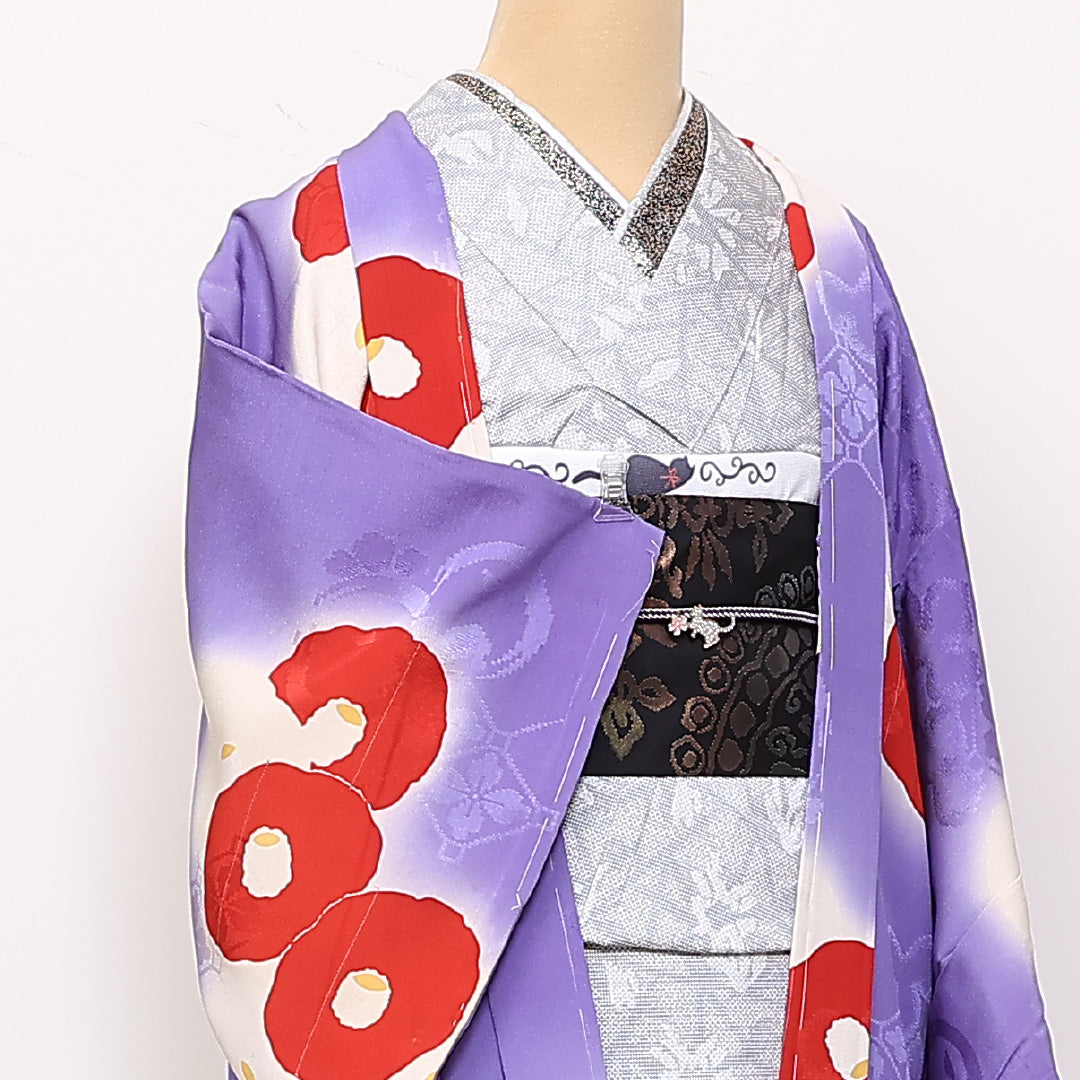 羽織 身丈80cm 裄丈62.5cm S 正絹 椿 ぼかし 紫系 Bランク 1217-00836