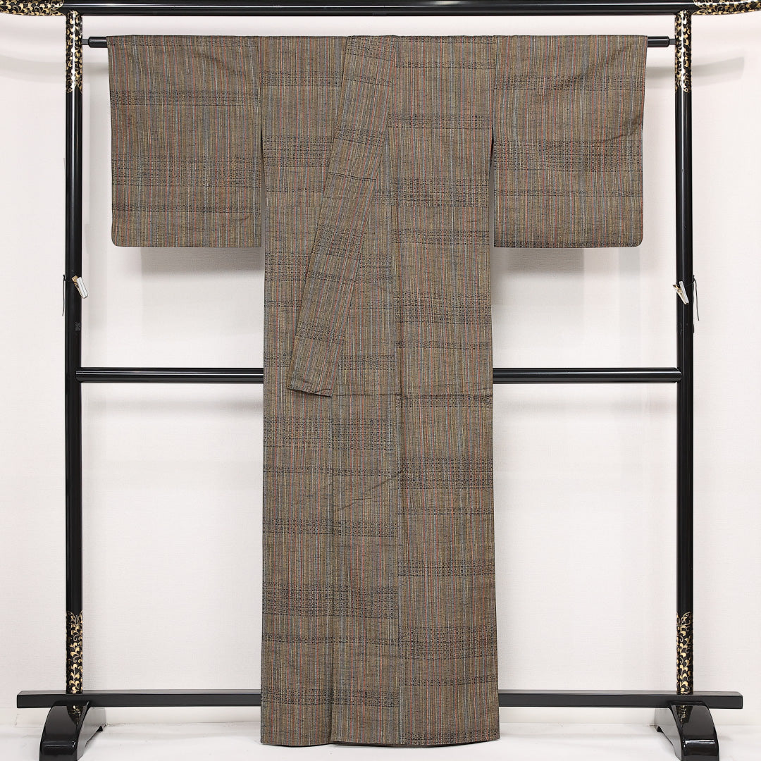 紬 単衣 身丈161cm 裄丈65cm 正絹 Sランク カジュアル 広衿 Lサイズ 縞 伝統的 落ち着き 茶系 HP 1223-13277