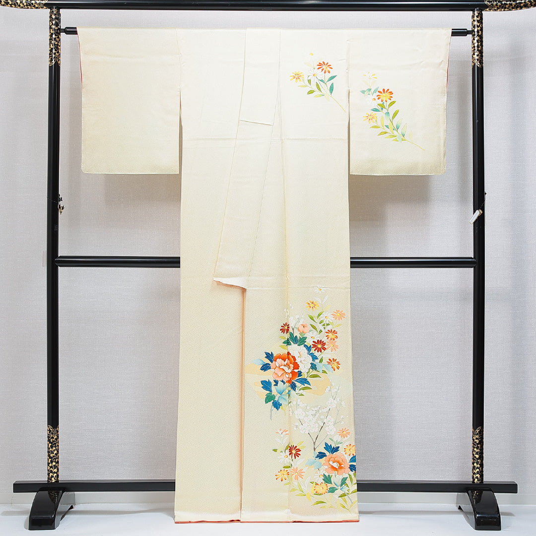 付下げ 袷 身丈166cm 裄丈62cm 正絹 Aランク XLサイズ 広衿 インフォーマル 紋意匠 紗綾型 牡丹 黄系 1261-14867