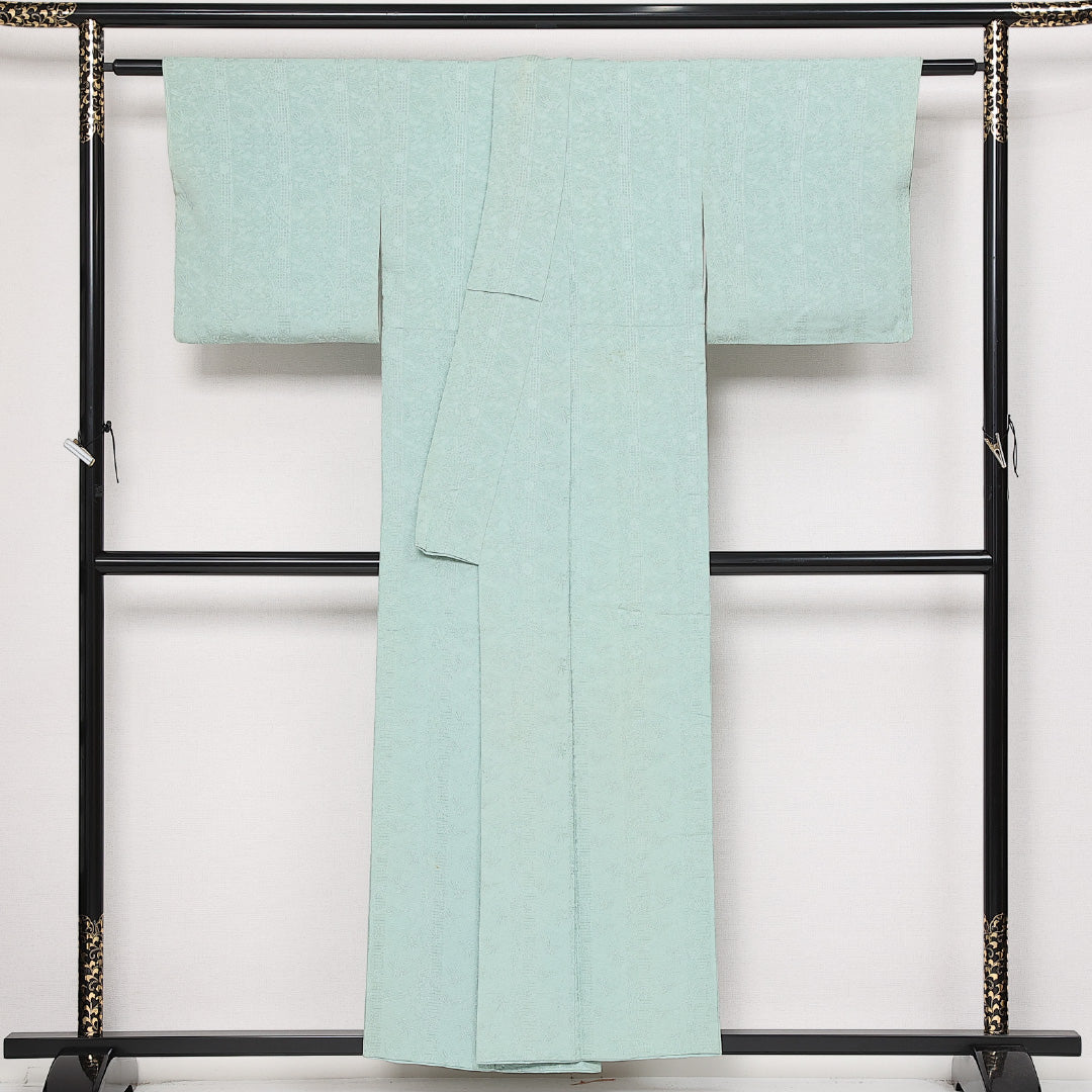 色無地 袷 身丈149cm 裄丈62cm Cランク 正絹 広衿 XSサイズ 一つ紋(丸に違い鷹の羽) セミフォーマル 地紋あり 尾長鳥 古典的 落ち着き 緑系 1214-13663