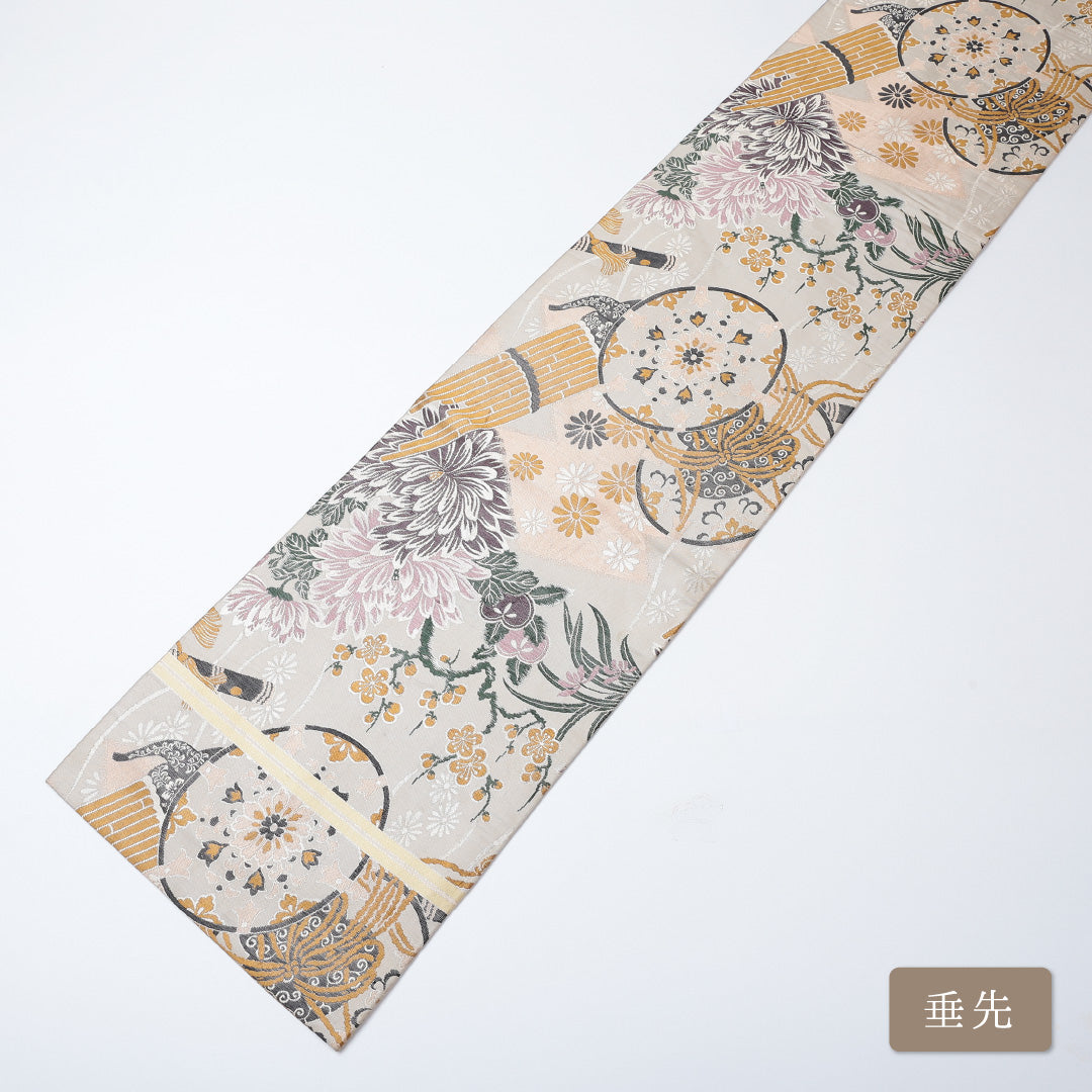 アンティーク 丸帯 帯丈388cm 全通 唐織 小鼓 フォーマル クリーム系 正絹 Aランク 1223-00630