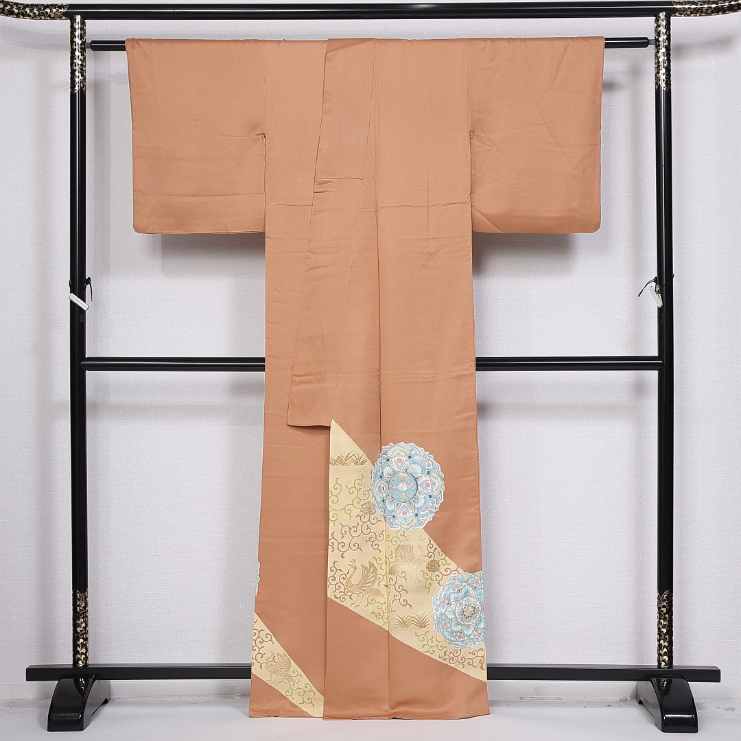 色留袖 身丈162cm 裄丈64cm 袷 三つ紋 五三桐 正絹 Aランク 広衿 宝相華 金駒刺繡 鳳凰 1211-F0359