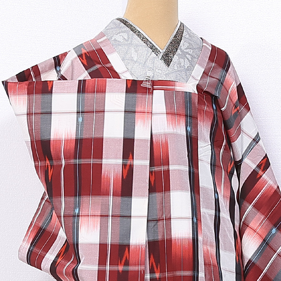 道行コート 身丈88cm 裄丈67cm M 正絹 Sランク 袷 紬 ポケットあり 格子 絣 1263-10799