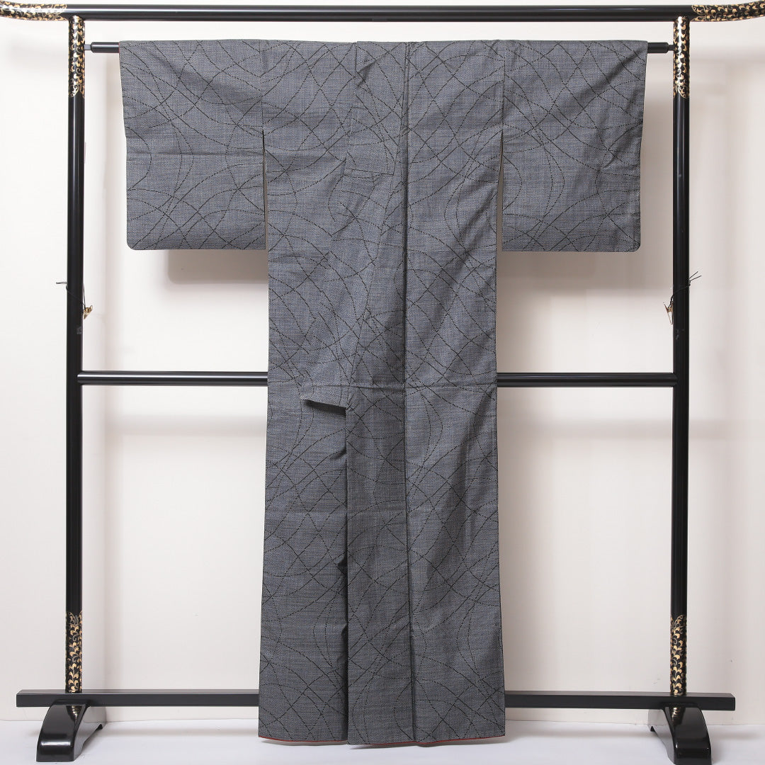 紬 袷 身丈162cm 裄丈62cm 正絹 Bランク カジュアル 広衿 Lサイズ 創作柄 グレー系 HP 1223-03540