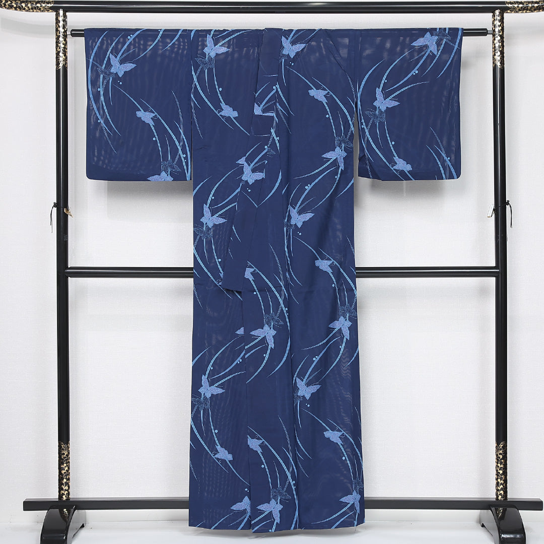 小紋 身丈159cm 裄丈66cm Bランク M 正絹 絽 バチ衿 露芝草 蝶 カジュアル 青系 1215-12160