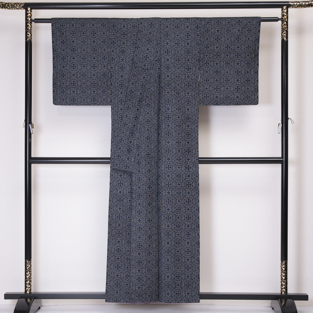 アンサンブル 村山大島紬 袷 身丈155cm 裄丈62cm 正絹 Sランク インフォーマル 広衿 Mサイズ 蜀江 紺系 RP 1223-03410