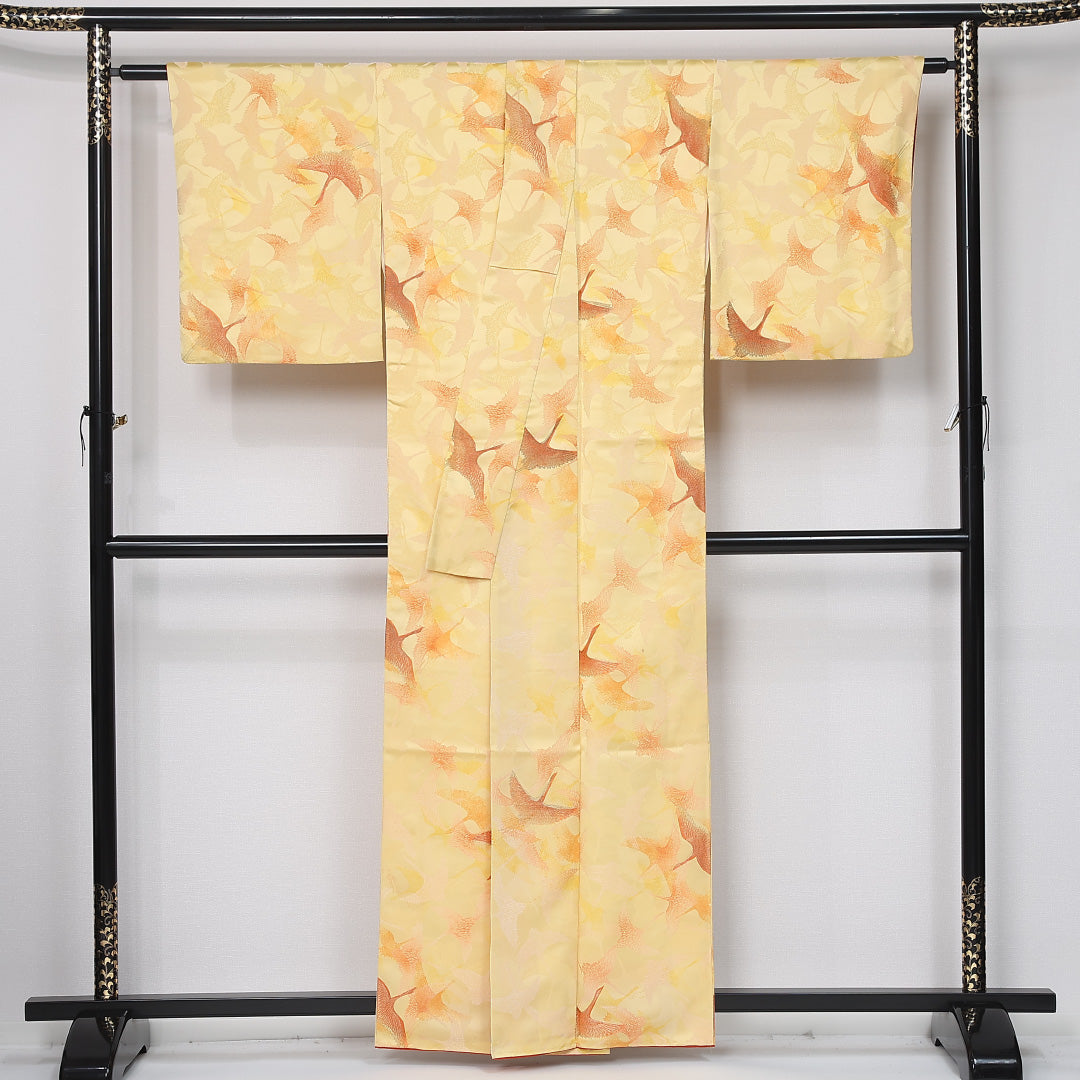 小紋 身丈159cm 裄丈64.5cm Bランク M 正絹 袷 広衿 鶴 カジュアル 黄系 1215-12001
