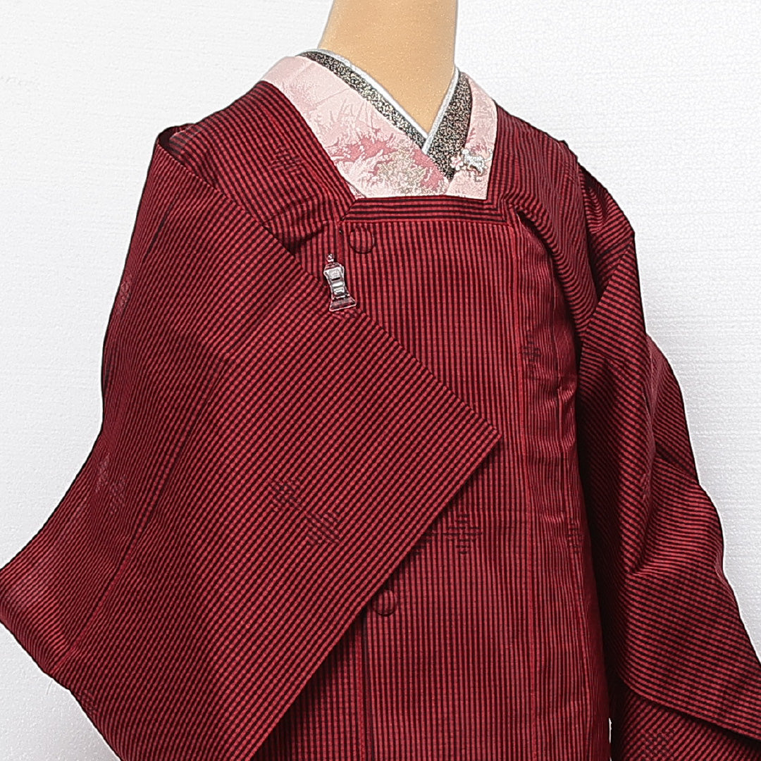 未使用品 道行コート 袷 身丈130cm 裄丈65cm 正絹 Nランク セミフォーマル Mサイズ しつけ糸 チェック 赤系 RP 1237-13734