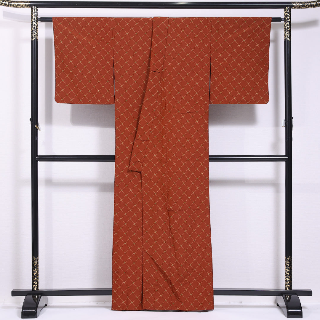 小紋 単衣 身丈160cm 裄丈65cm 正絹 Bランク インフォーマル 広衿 Lサイズ 菱 赤系 HP 1221-11758