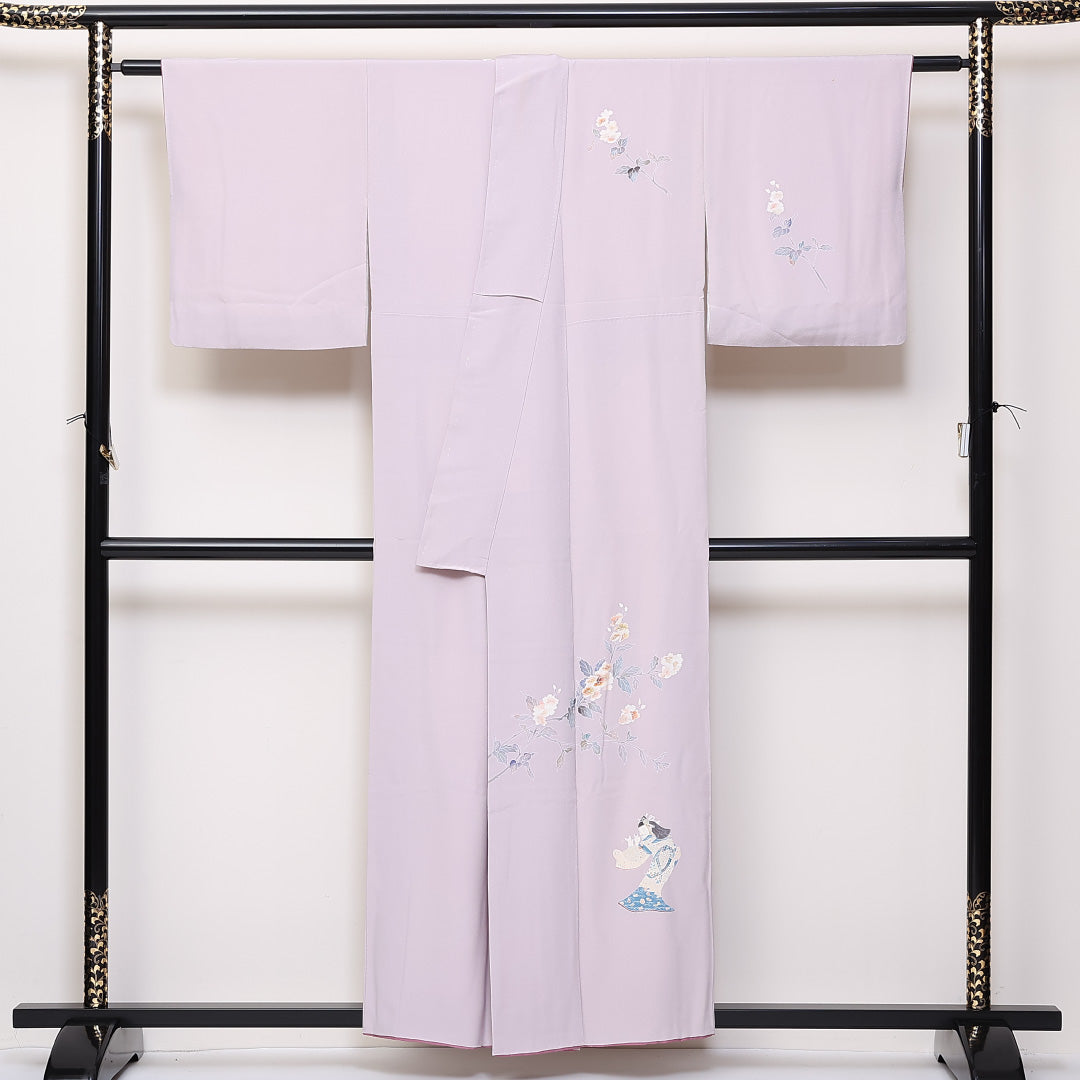 訪問着 袷 身丈154cm 裄63cm 正絹 人物 手描き 桜 作家物 落款 Bランク 1212-00720
