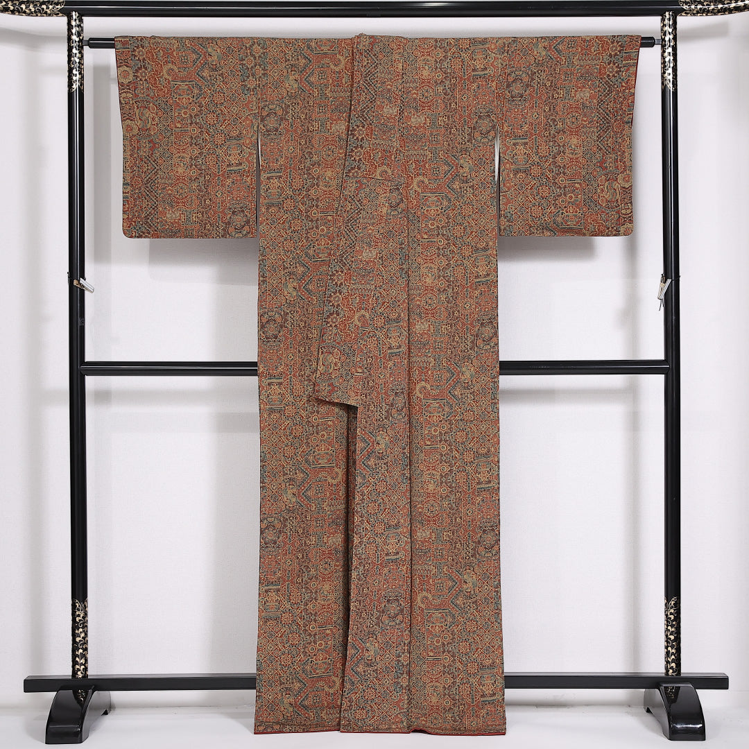 小紋 袷 身丈165cm 裄63cm 正絹 更紗 茶系 ちりめん Sランク 1215-02475
