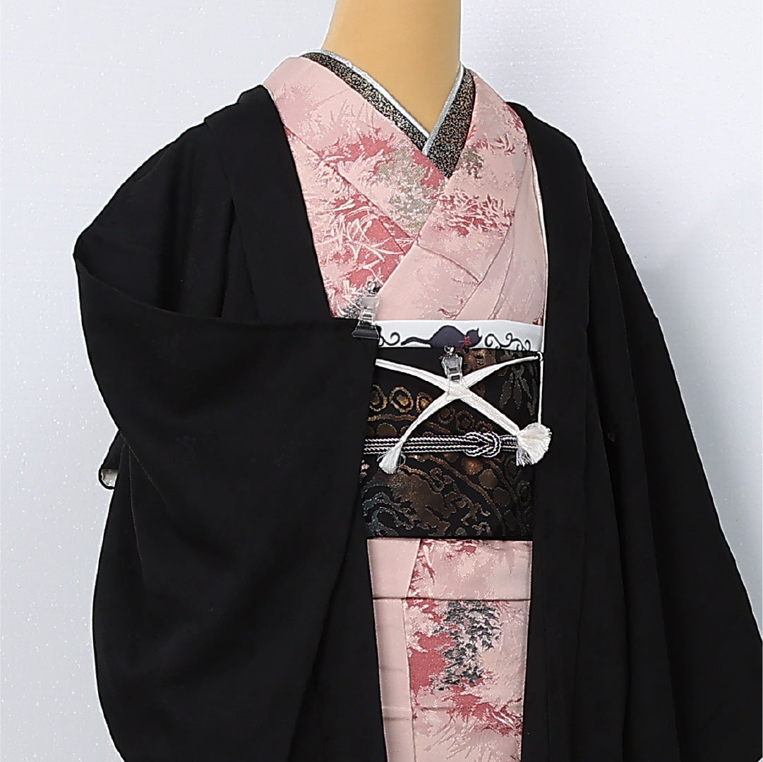 黒羽織 袷 身丈83cm 裄丈64cm 正絹 Sランク 一つ紋 (丸に片喰) セミフォーマル Mサイズ 紐あり 無地 黒系 RP 1233-12601