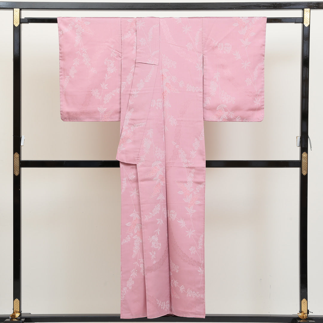 洗える着物 小紋 袷 身丈151cm 裄丈63cm ポリエステル Sランク インフォーマル 広衿 Sサイズ 織り出し しつけ糸 花柄 植物柄 ピンク系 RP 1221-00966