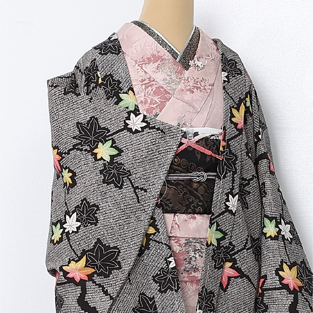 羽織 袷 身丈71cm 裄丈64cm 正絹 Sランク カジュアル Mサイズ 紐あり 紅葉 鹿の子柄 グレー系 RP 1232-12836
