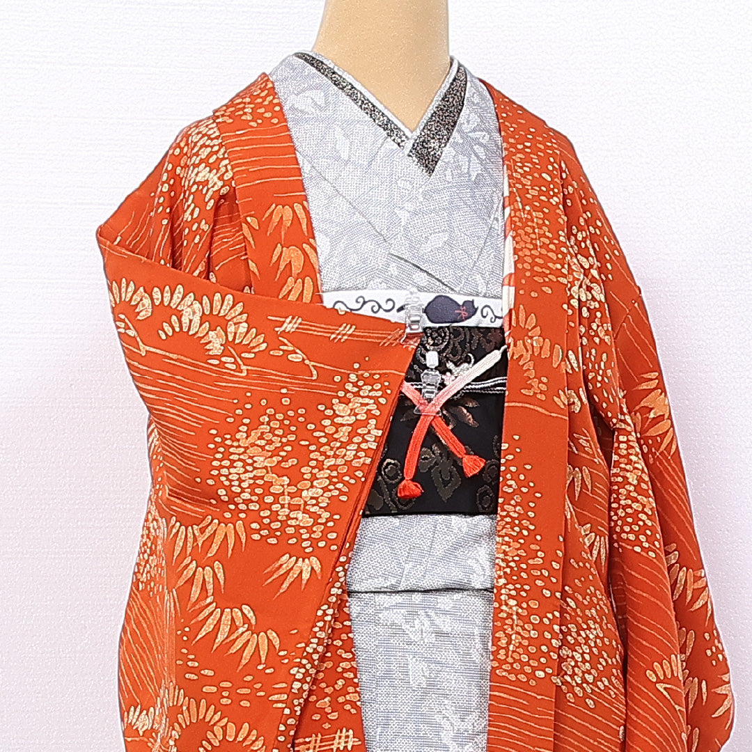 羽織 身丈81cm 裄丈63cm S 正絹 Sランク 袷 紐あり 笹 たたき染め 1217-11076