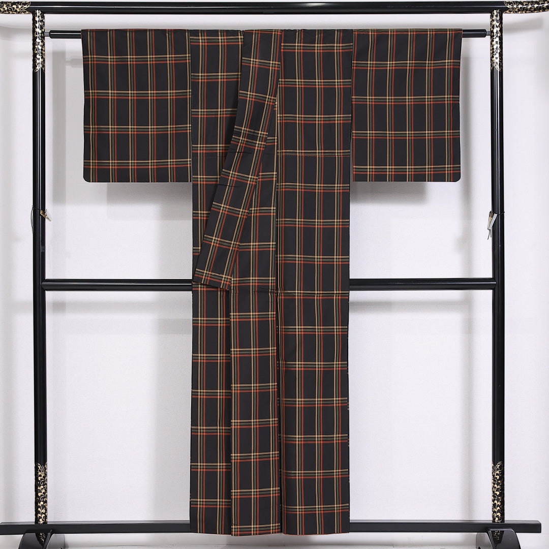 アンサンブル 大島紬 袷 身丈154cm 裄63.5cm 正絹 格子 道中着 茶系 Aランク 1216-01475