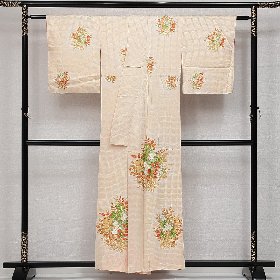 訪問着 袷 身丈153cm 裄丈61cm 正絹 Aランク セミフォーマル 広衿 Sサイズ 花柄 クリーム系 RP 1217-14245