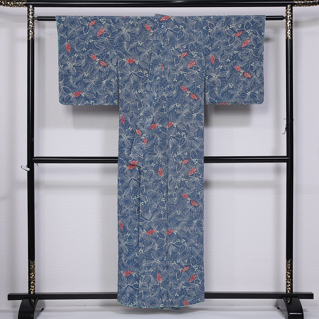 小紋 袷 身丈153cm 裄丈63cm 正絹 Aランク インフォーマル バチ衿 Sサイズ 植物柄 青系 HP 1221-11263