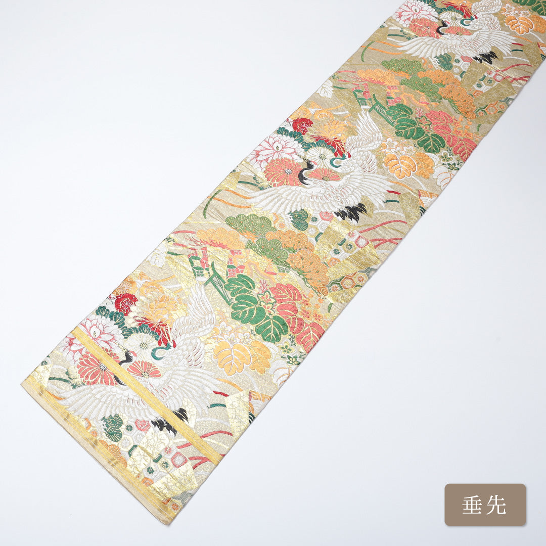 アンティーク 丸帯 帯丈400cm 全通 唐織 吉祥文様 鶴 フォーマル 金系 正絹 Aランク 1223-00581