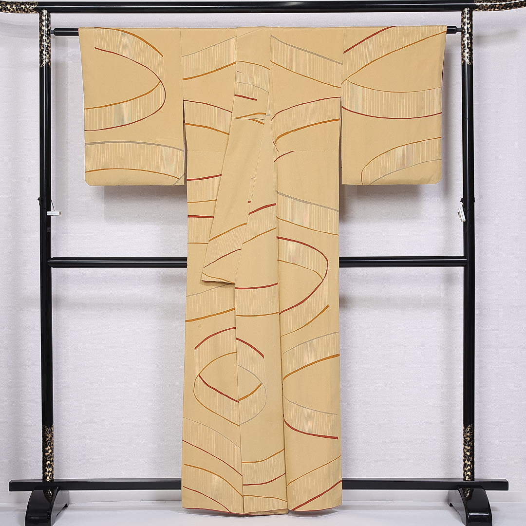 小紋 袷 身丈159cm 裄丈66cm 正絹 Cランク インフォーマル 広衿 Mサイズ 創作柄 黄系 LP 1221-11281