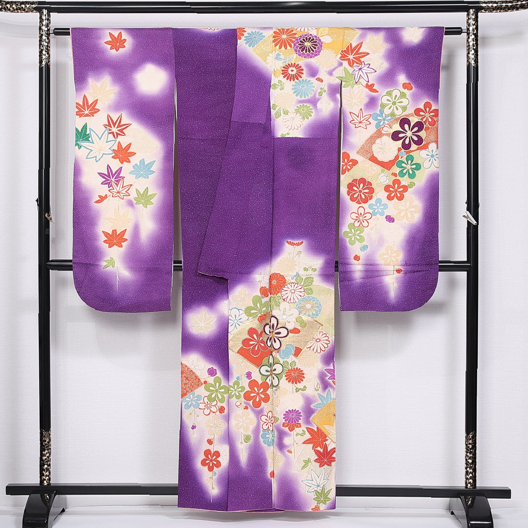 振袖 身丈157cm 裄丈65cm 袷 正絹 Cランク 広衿 菊 梅 紅葉 金駒刺繍 扇 1213-F0391
