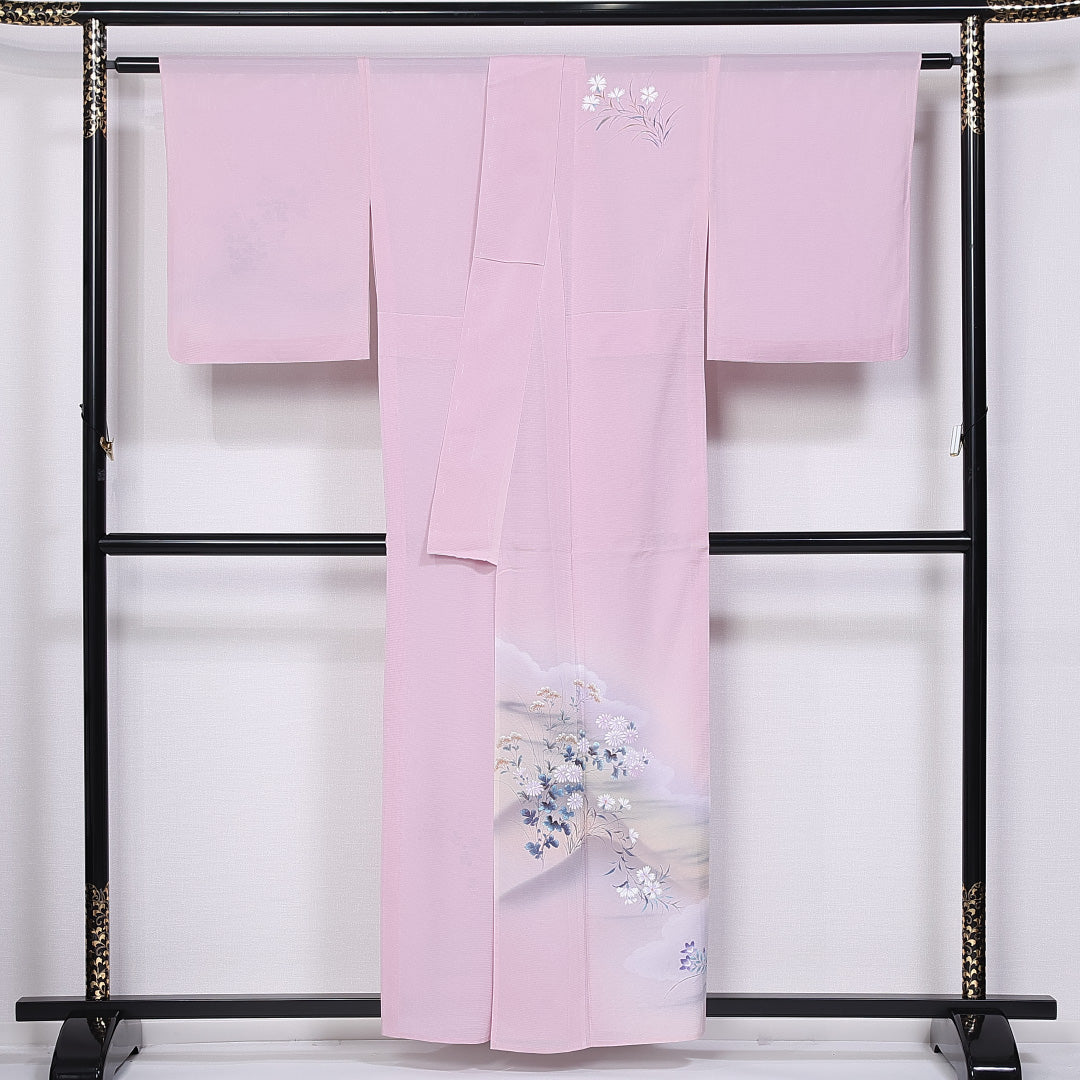 夏物 訪問着 絽 身丈147cm 裄丈55cm 正絹 Aランク セミフォーマル 広衿 XSサイズ 遠山 桔梗 撫子 ピンク系 M4 1217-11202