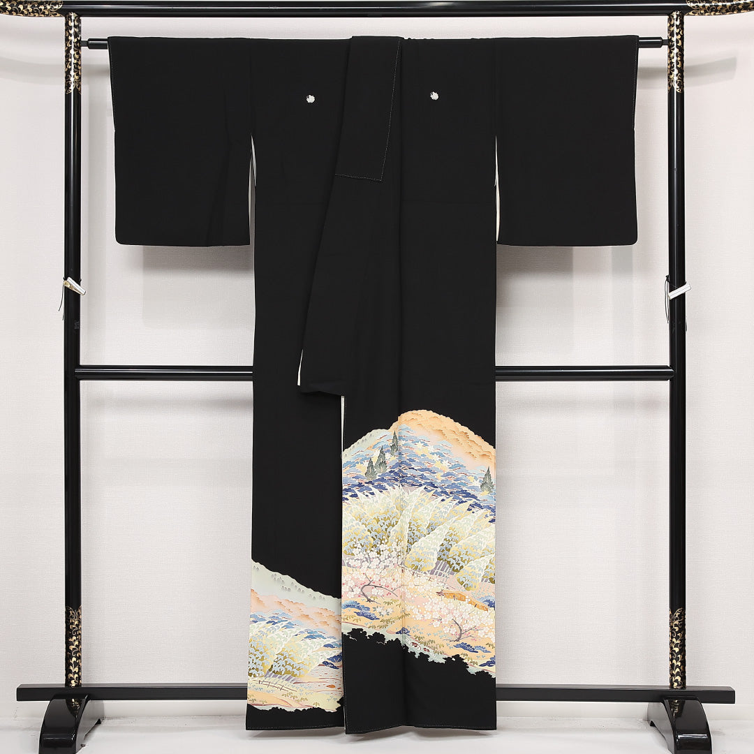 黒留袖 五つ紋 揚羽蝶 身丈159cm 裄丈66cm Sランク 正絹 袷 比翼 広衿 M 落款 加賀友禅 茶屋辻 フォーマル 幻想的 重厚感 黒系 1211-F0559