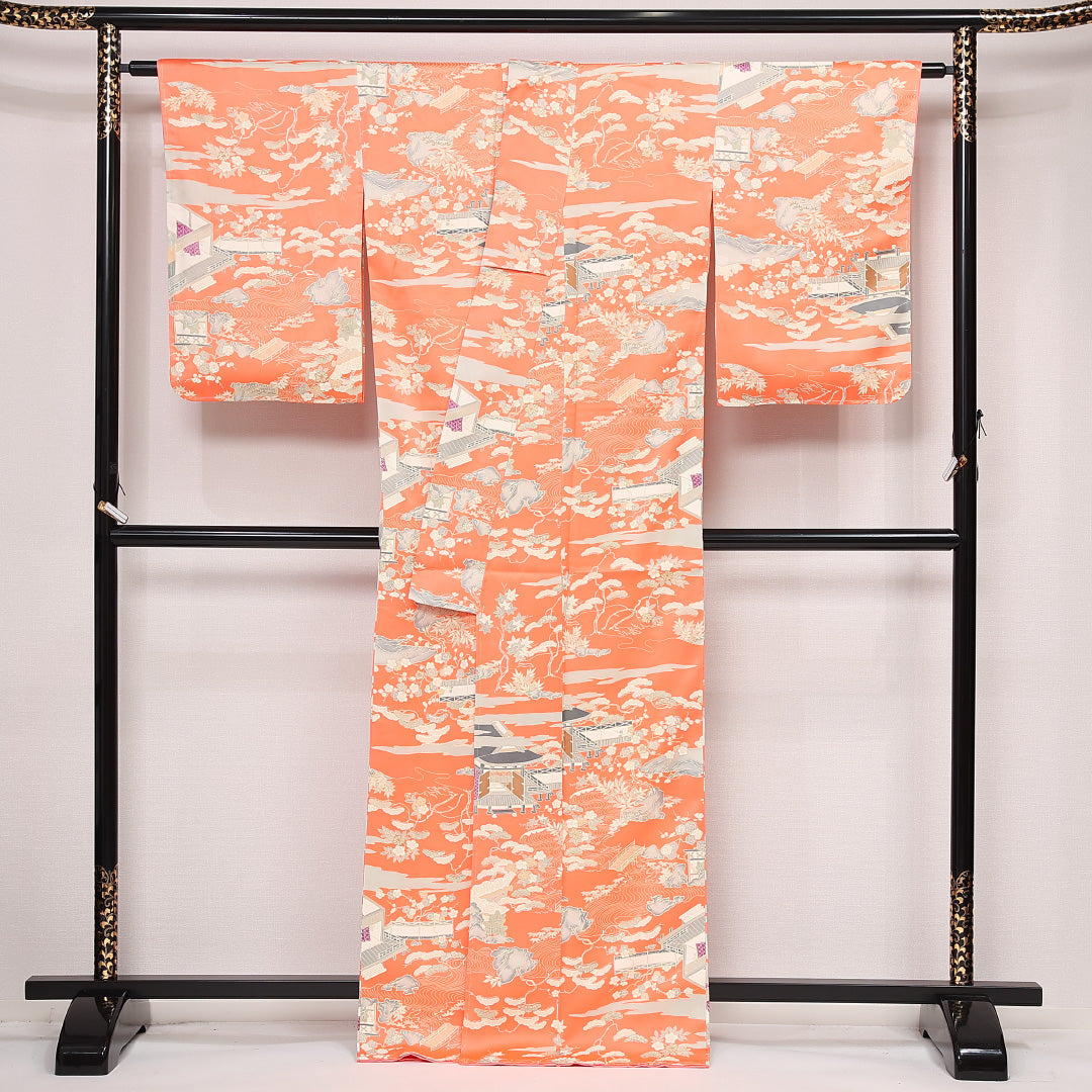 小紋 袷 身丈166cm 裄丈64cm 正絹 Aランク インフォーマル 広衿 XLサイズ 御所解 朱系 HP 1221-13388