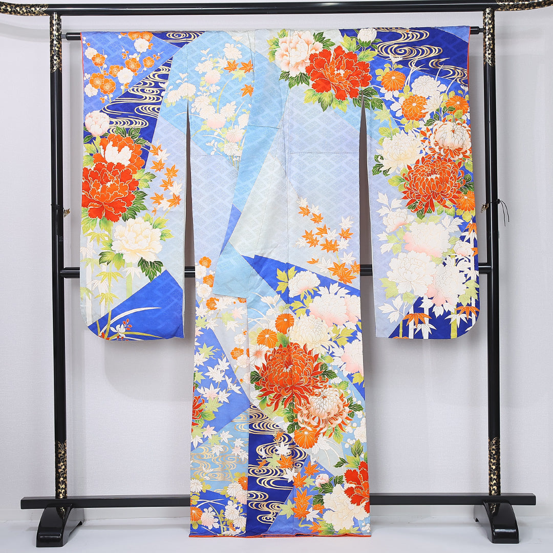 振袖 身丈164cm 裄丈66.5cm Bランク 袷 正絹 M 広衿 観世水 吉祥文様 古典柄 菊 紅葉 楓 牡丹 花柄 青系 1213-F0448