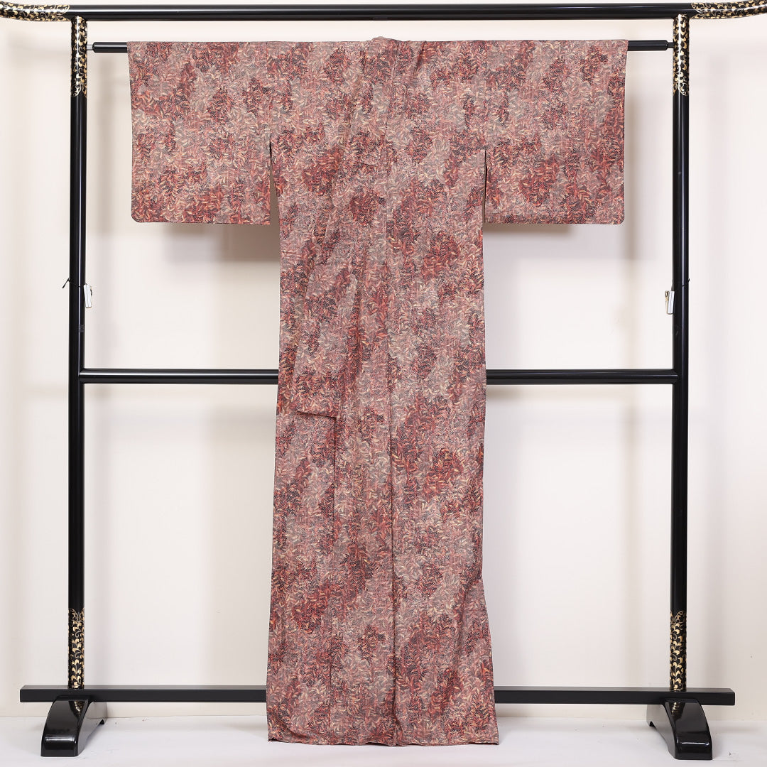小紋 単衣 身丈165cm 裄丈64cm 正絹 Aランク インフォーマル バチ衿 XLサイズ 植物柄 ピンク系 M4 1221-02293