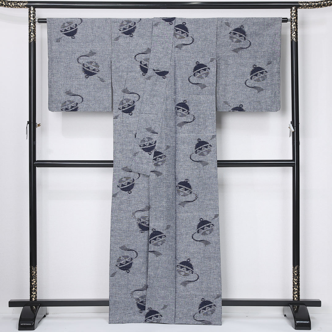 紬 単衣 身丈162cm 裄丈66cm 正絹 Sランク カジュアル 広衿 Lサイズ 鈴 グレー系 RP 1223-12190