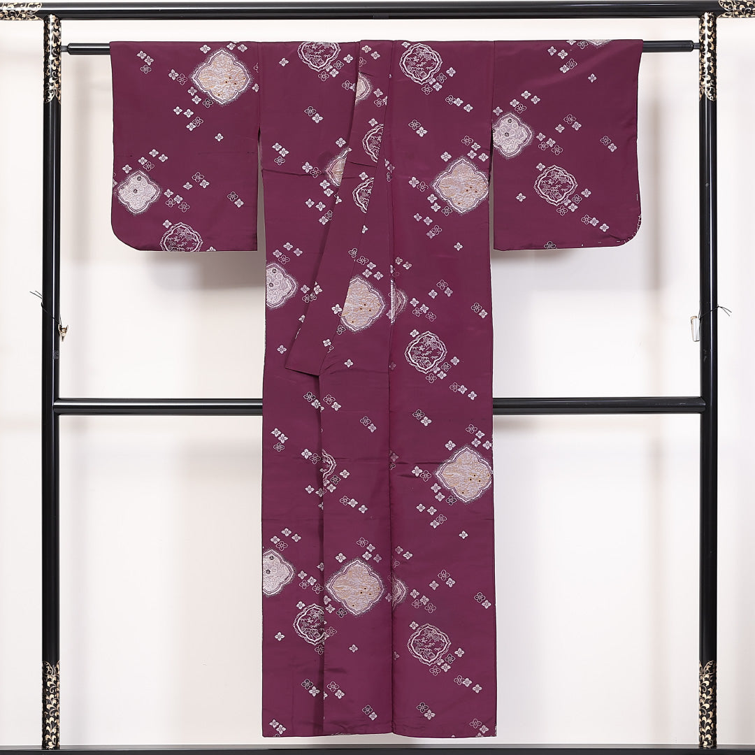 アンティーク お召 袷 身丈149cm 裄62.5cm 正絹 花菱 紫系 Bランク 1216-01277