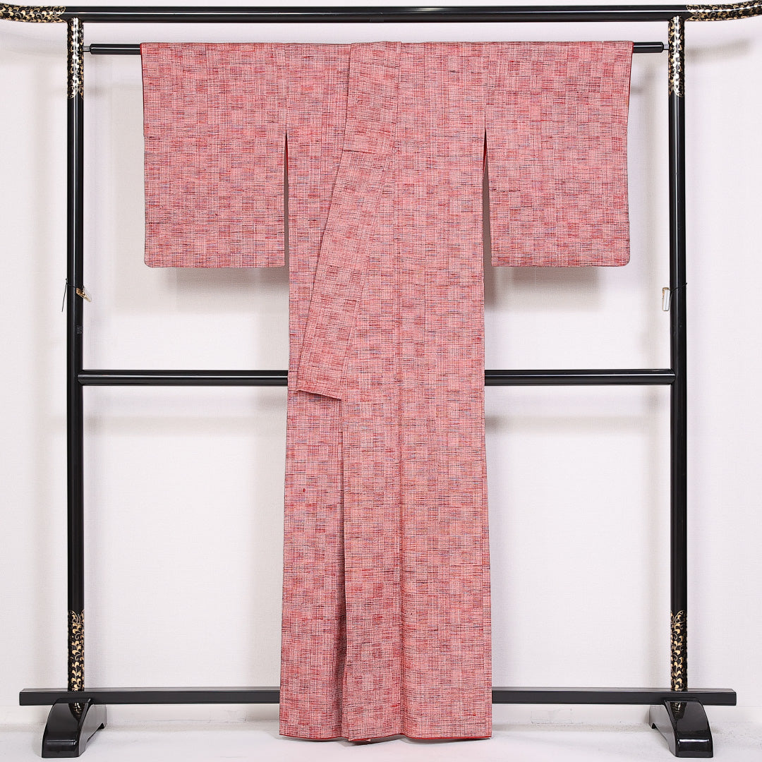 真綿紬 袷 身丈160cm 裄丈53cm 正絹 Sランク カジュアル 広衿 Lサイズ 市松 赤系 RP 1223-10126