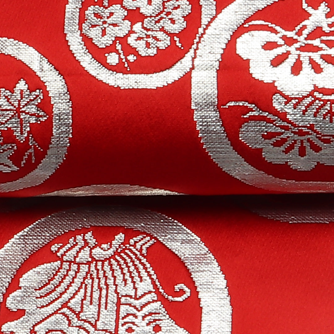 半幅帯 帯丈350cm Sランク カジュアル 全通 小袋帯 正絹 織り 家紋柄 踊り帯 赤系 1225-000581