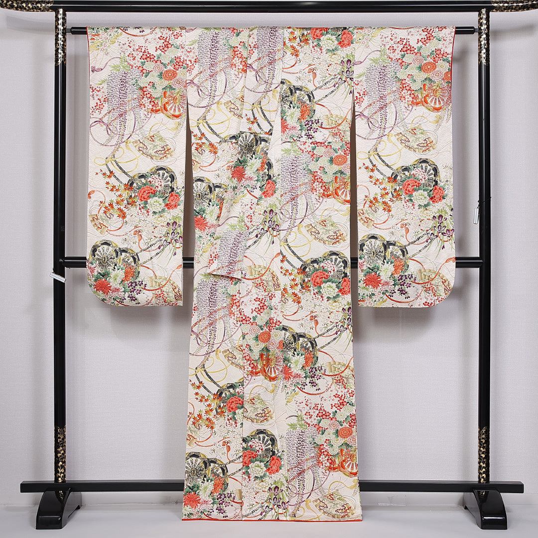 振袖 身丈164cm 裄丈64.5cm 袷 正絹 Sランク 広衿 花車 組紐 扇子 藤 紅葉 菊 1213-F0360