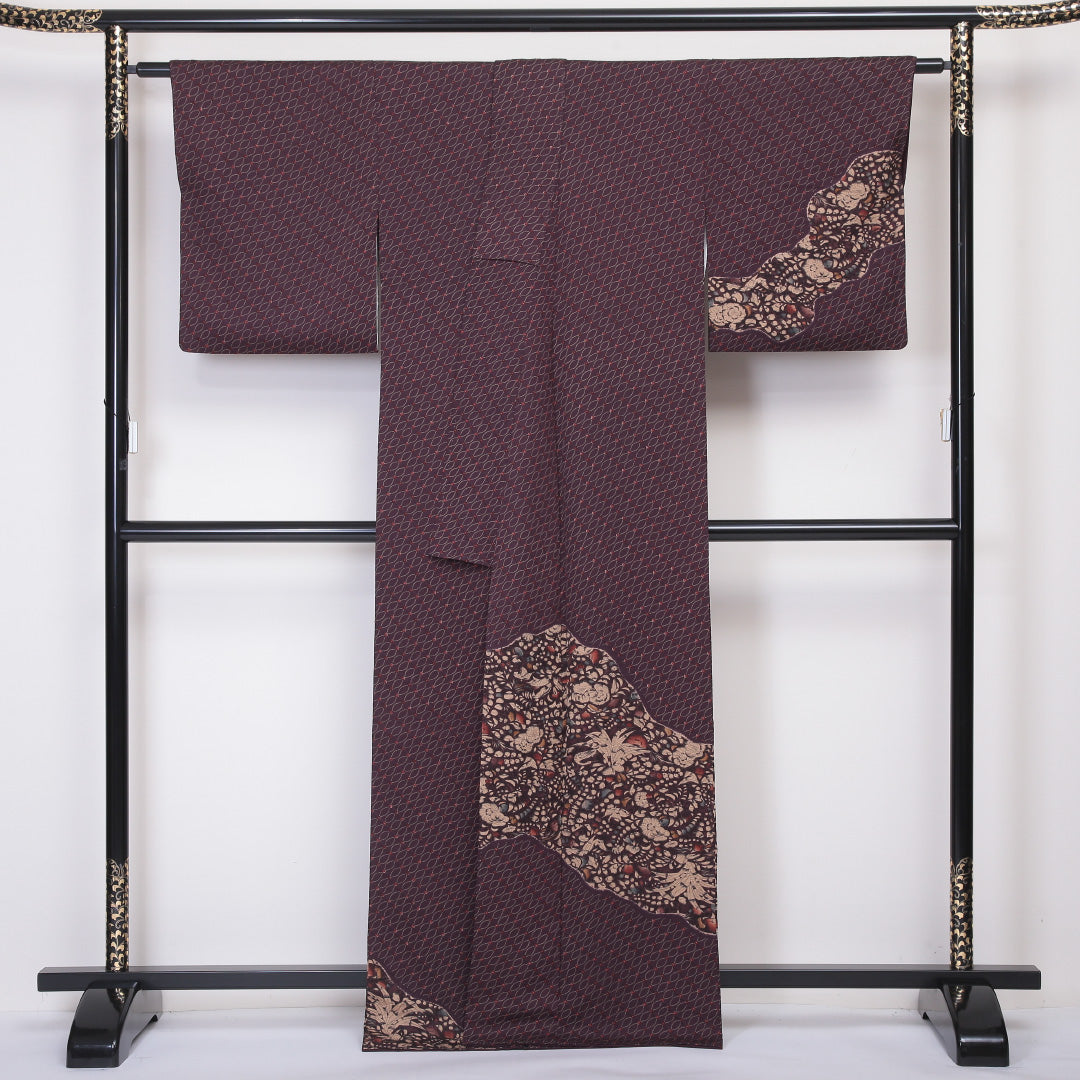訪問着 袷 身丈166cm 裄丈66cm 正絹 Sランク セミフォーマル 広衿 XLサイズ 絞り 道長取り 花柄 茶系 PO 1217-04537